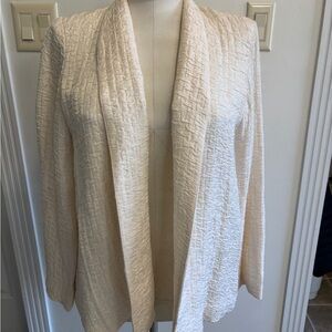 Eileen Fisher Crepe Textured Silk Linen Blend Cream Open Front Cardigan